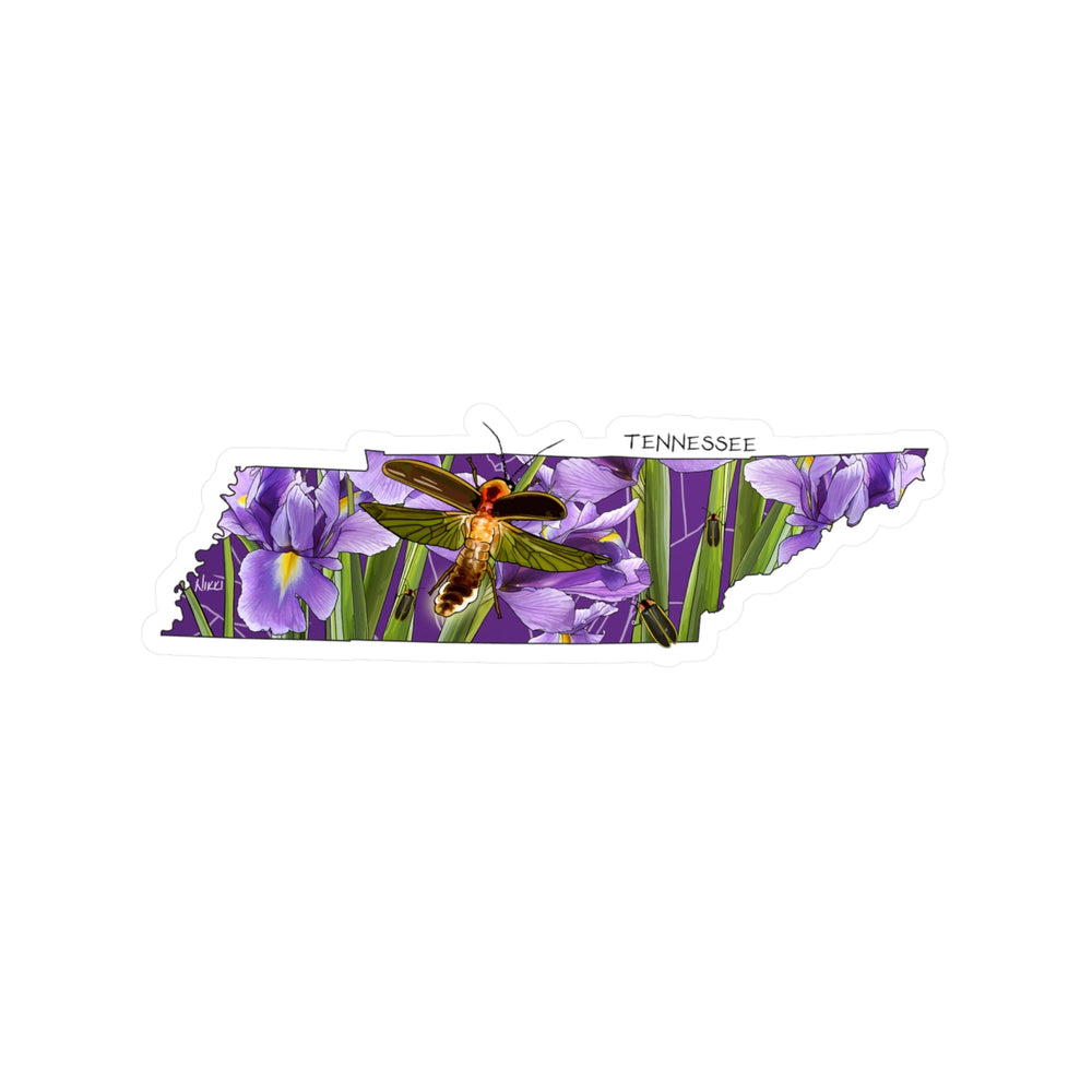 Map of Tennessee with purple irises and a firefly on a purple background
