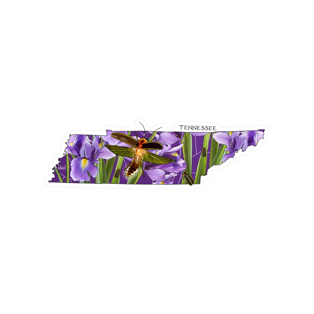 Map of Tennessee with purple irises and a firefly on a purple background