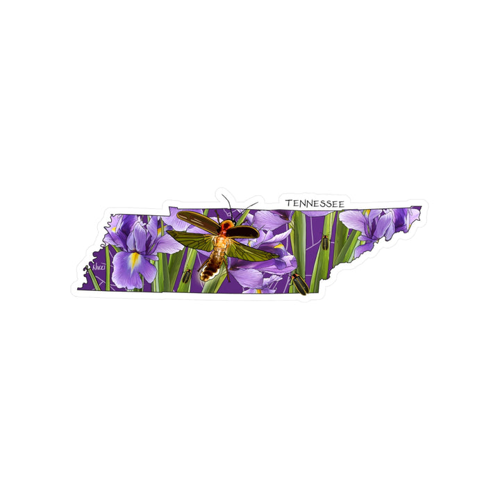 Map of Tennessee with purple irises and a firefly on a purple background