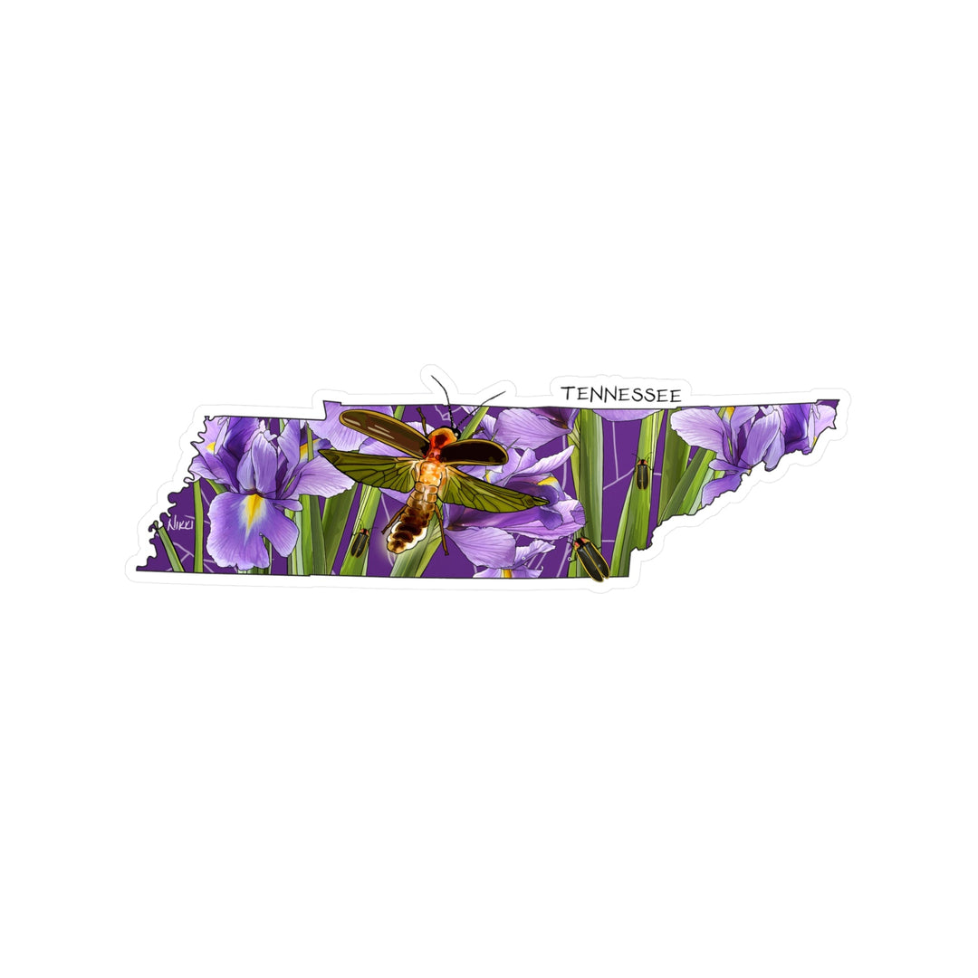 Map of Tennessee with purple irises and a firefly on a purple background