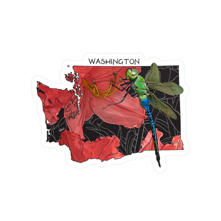 Sticker of a dragonfly on a stylized map of Washington with red and black design elements.