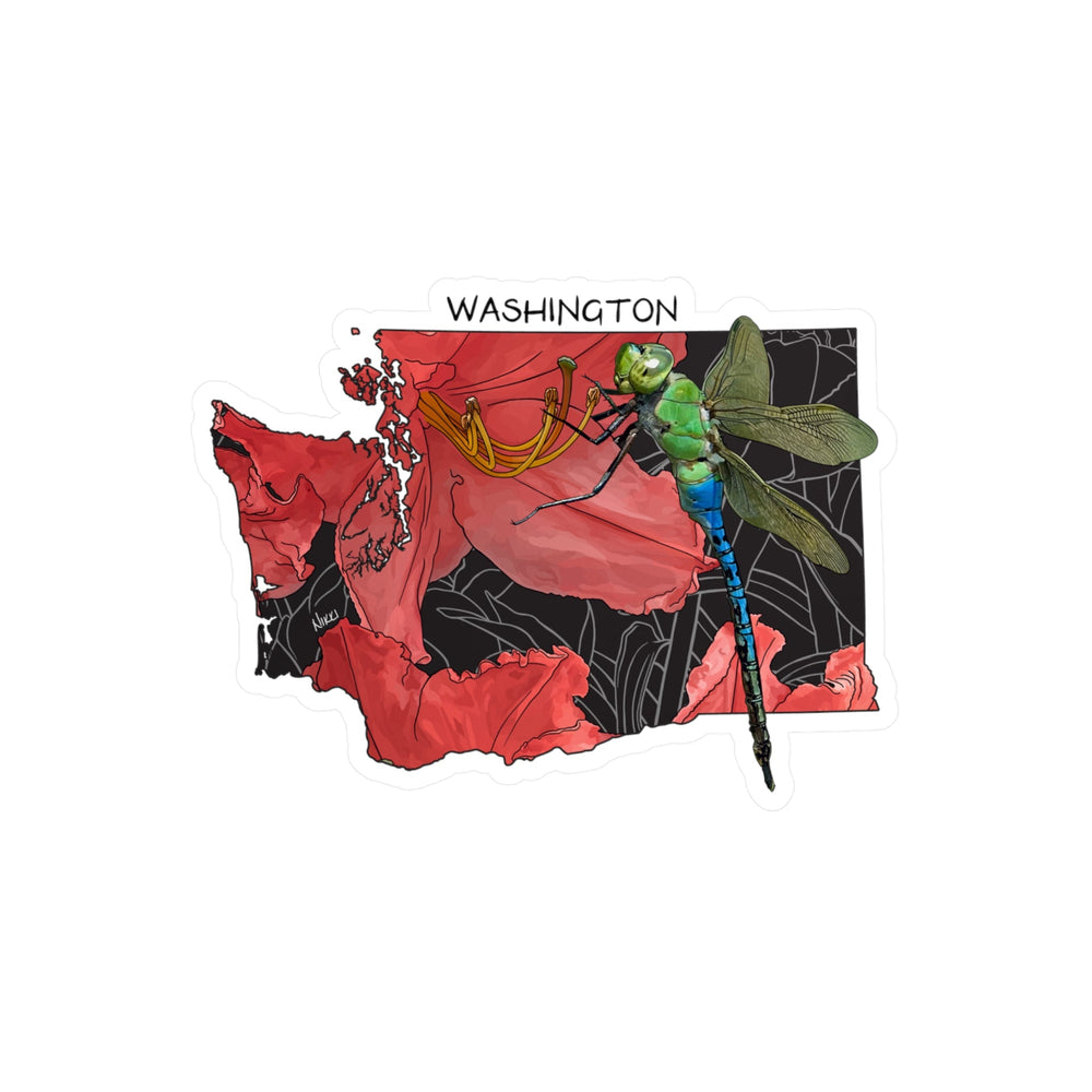 Map of Washington state with a dragonfly on a pink flower design