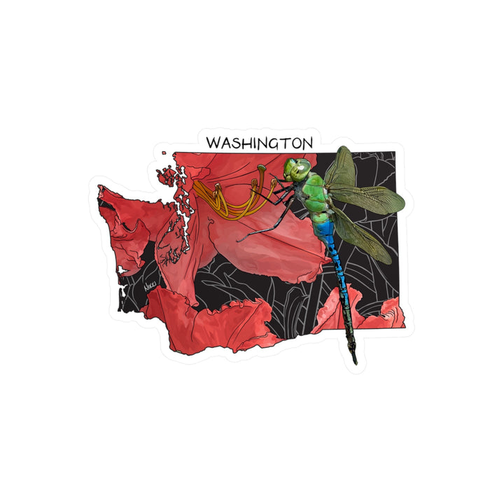 Map of Washington state with a dragonfly on a pink flower design