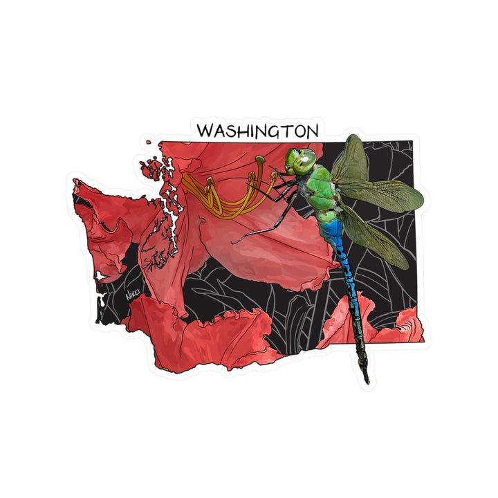Map of Washington state with a dragonfly illustration on a white background