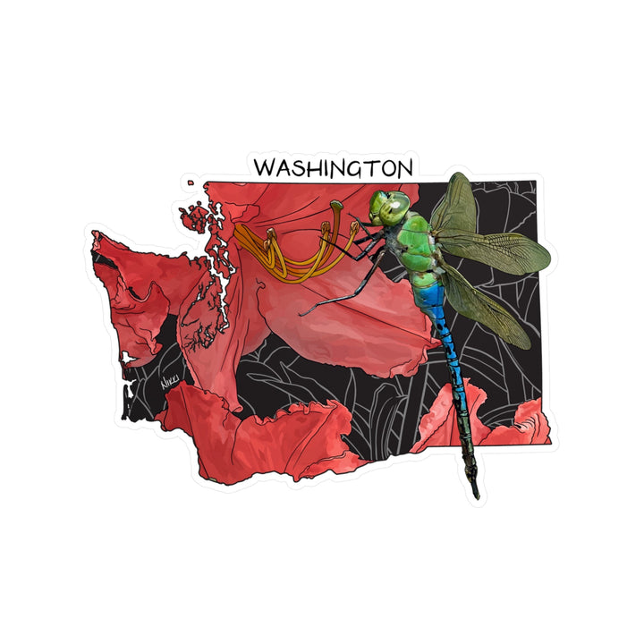 Map of Washington state with a dragonfly illustration on a white background