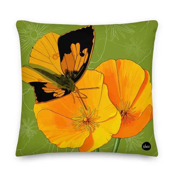 State Flowers + Insects Pillow: California – California Poppy + California Dogface Butterfly